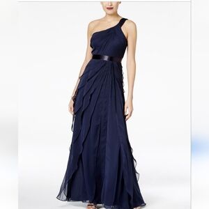 Adrianna Papell Navy Blue  Ruffled Gown with One Shoulder Tiered Dress size 4